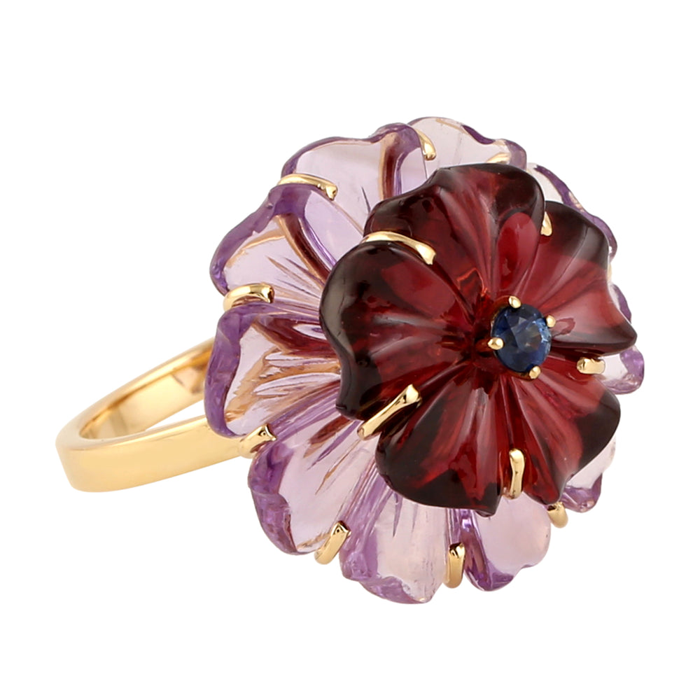 18k Yellow Gold Flower Ring Natural Mix Stone Gemstone Handmade Jewelry