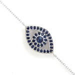 Natural Blue Sapphire Evil Eye Charm Delicate Bracelet For Gift In 14k White Gold