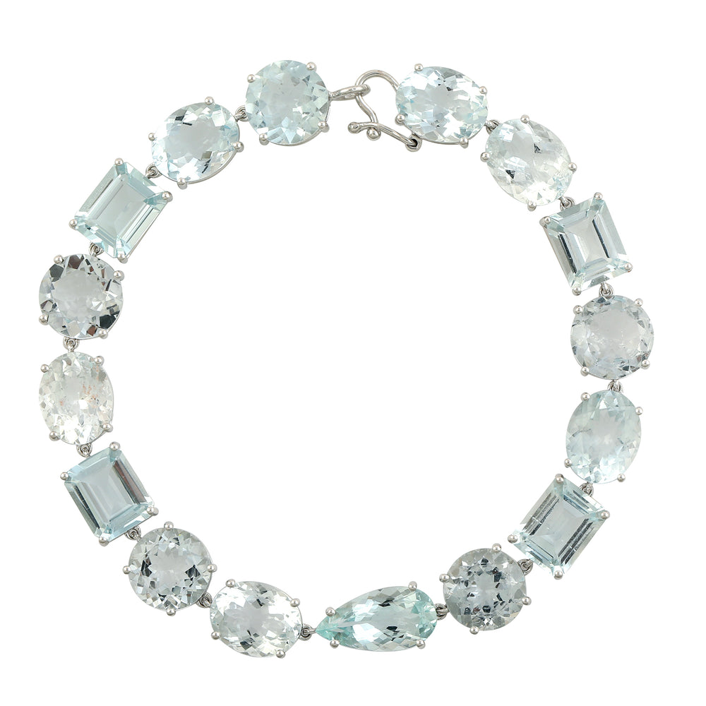 Solid 18k White Gold Aquamarine Gemstone Bracelet Fine Jewelry