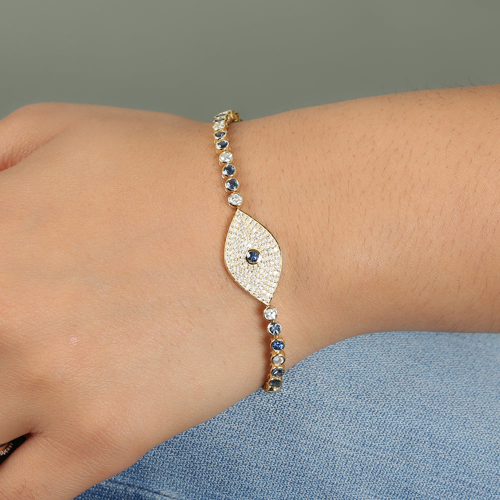 Pave Diamond Sapphire Evil Eye Bracelet In 18k Yellow Gold