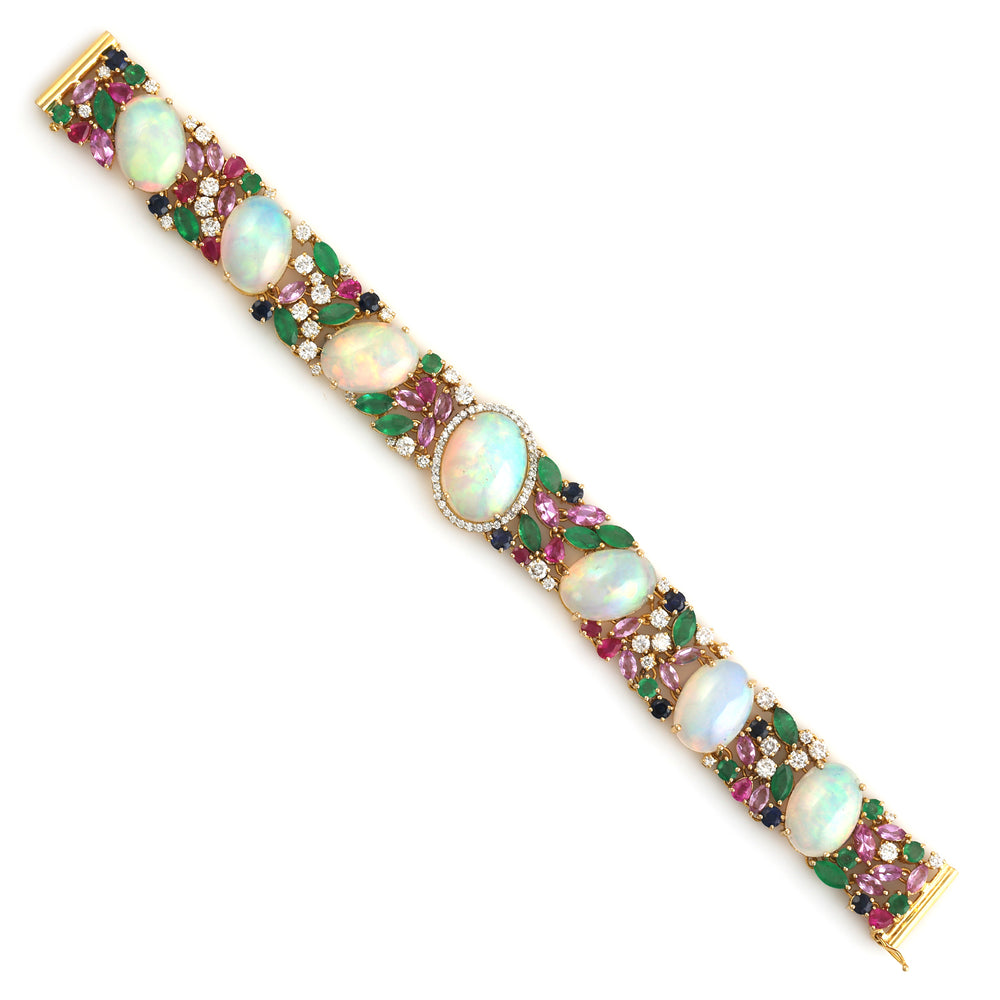 Opal Ethopian Emerald Diamond Cluster Design Designer Bracelet For Her In 18k Gold