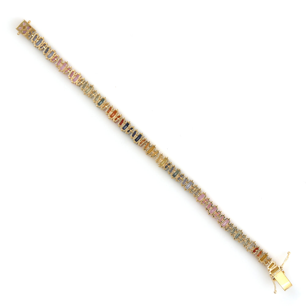 Baguette Multicolor Sapphire 18k Yellow Gold Fixed Flexible Bracelet For Her