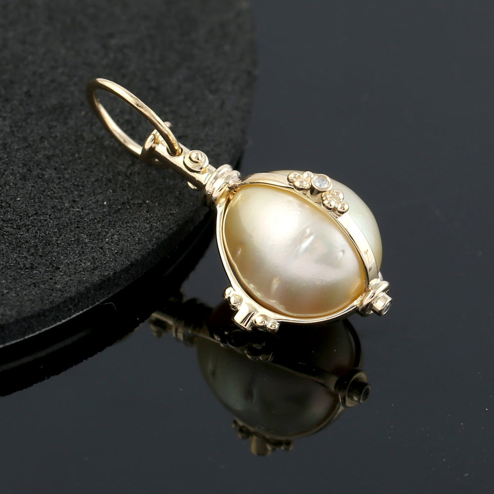18k Yellow Gold South Pearl Pave Diamond Designer Charm Pendant
