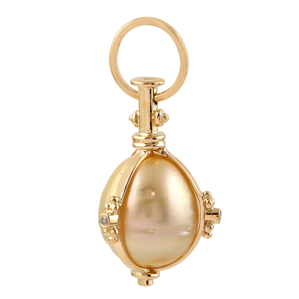18k Yellow Gold South Pearl Pave Diamond Designer Charm Pendant