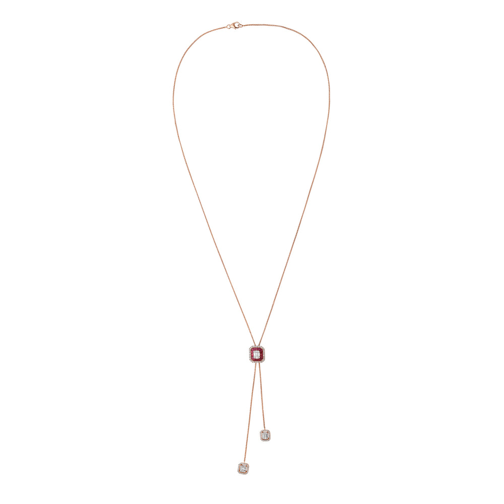 Channel Set Ruby Baguette Diamond Octagon Designer Necklace In 18k Rose Gold