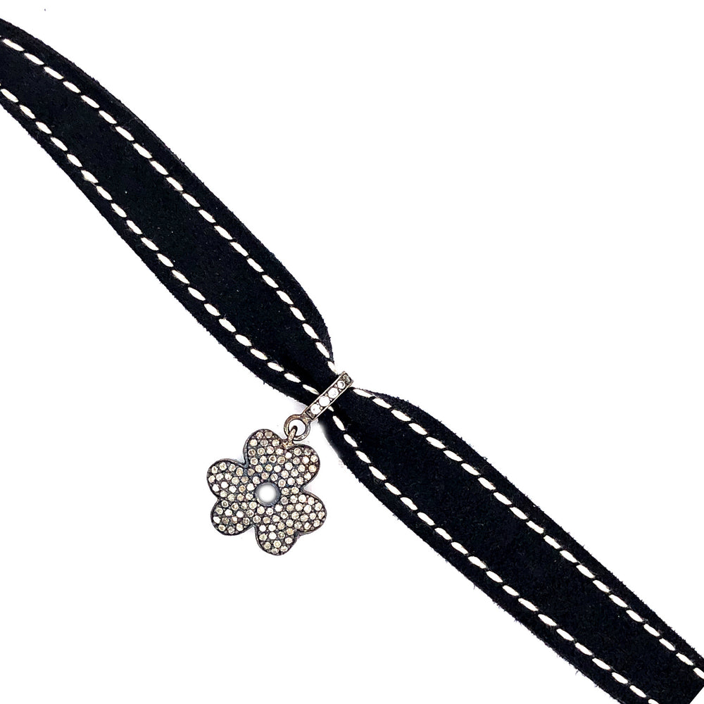 925 Sterling Silver Pave Diamond Flower Charm Ribbon Collar Necklace GIFT