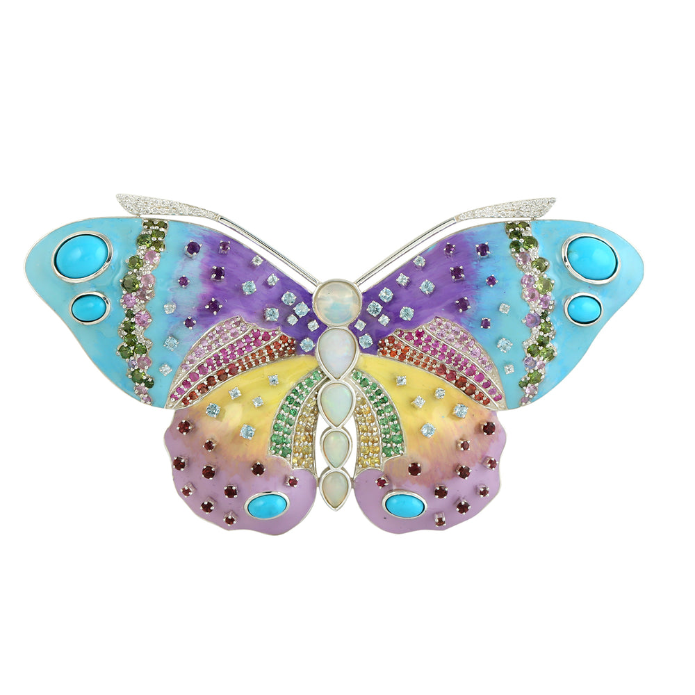 925 Sterling Silver Turquoise Sapphire Opal Multi Stone Butterfly Brooch For Gift
