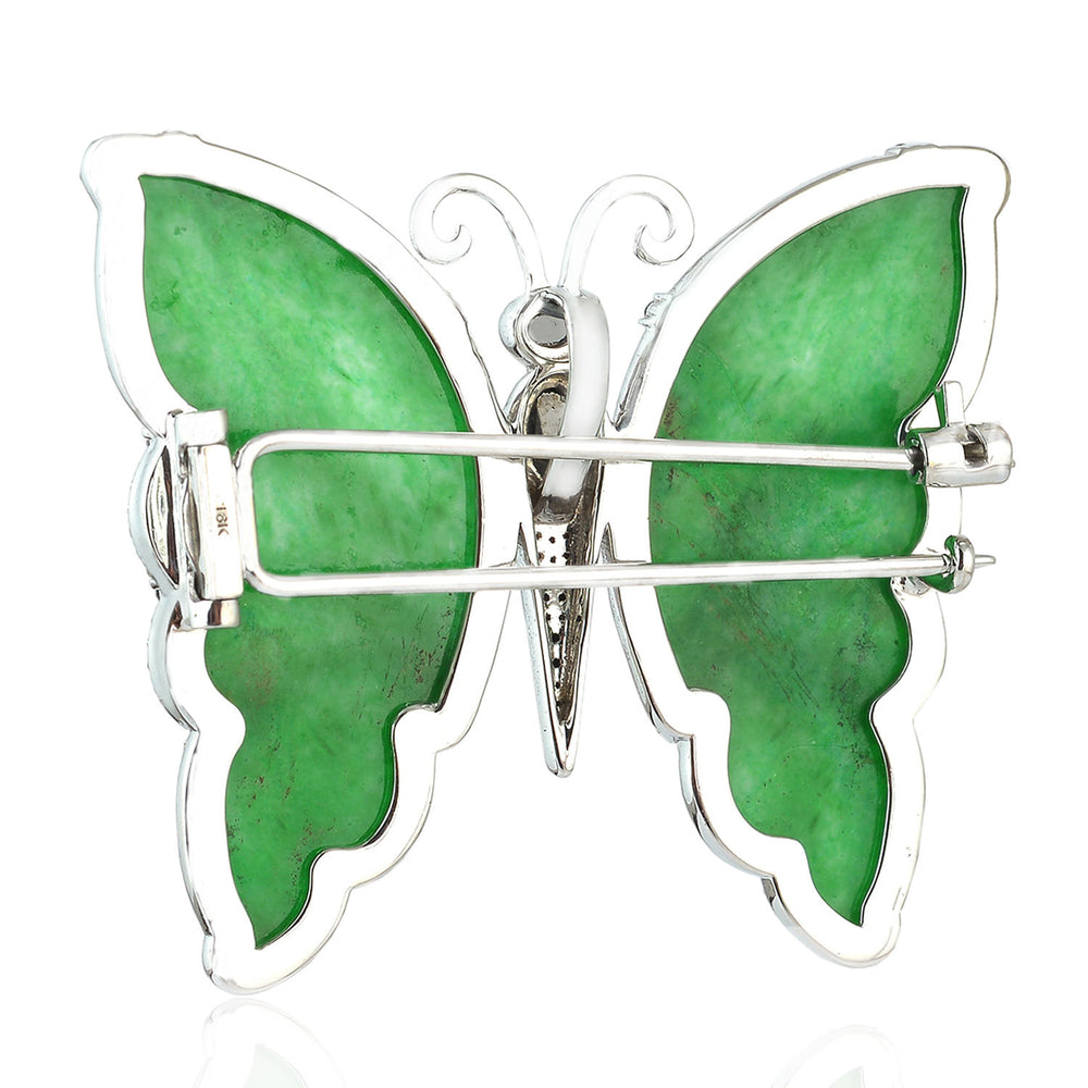 Handcarved Carved Jade Diamond Butterfly Brooch In 18k White Gold