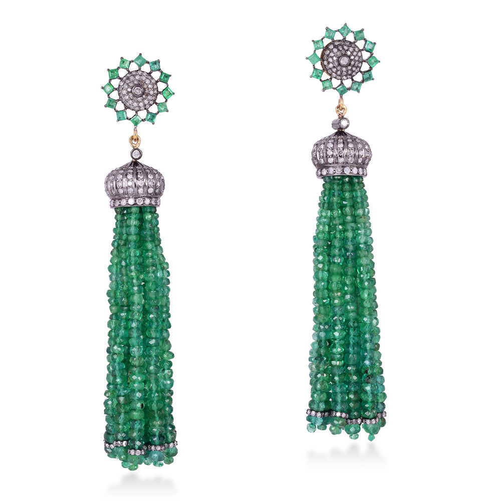 Pave Diamond Emerald Beads Tassel Earrings 18K Gold 925 Sterling Silver Jewelry