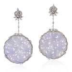 Handcarved Filigree Jade Sapphire Diamond Danglers In 18k White Gold