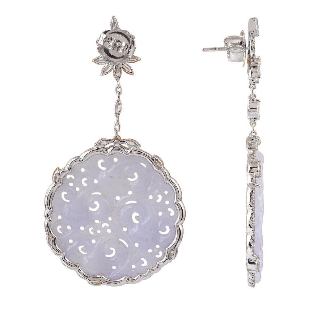 Handcarved Filigree Jade Sapphire Diamond Danglers In 18k White Gold