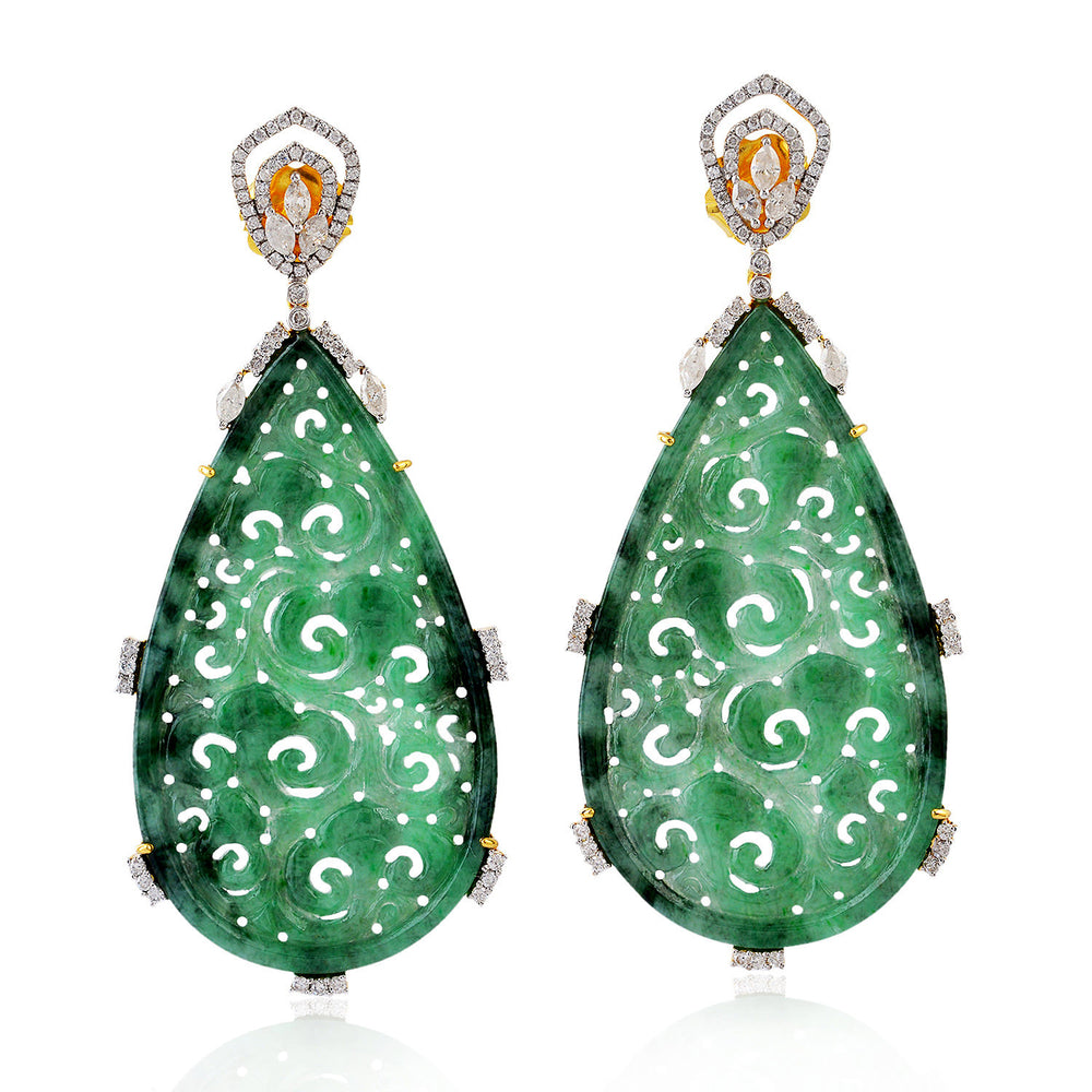 Filigree Designer Jade Diamond Tear Drop Danglers in 18k Gold For Her