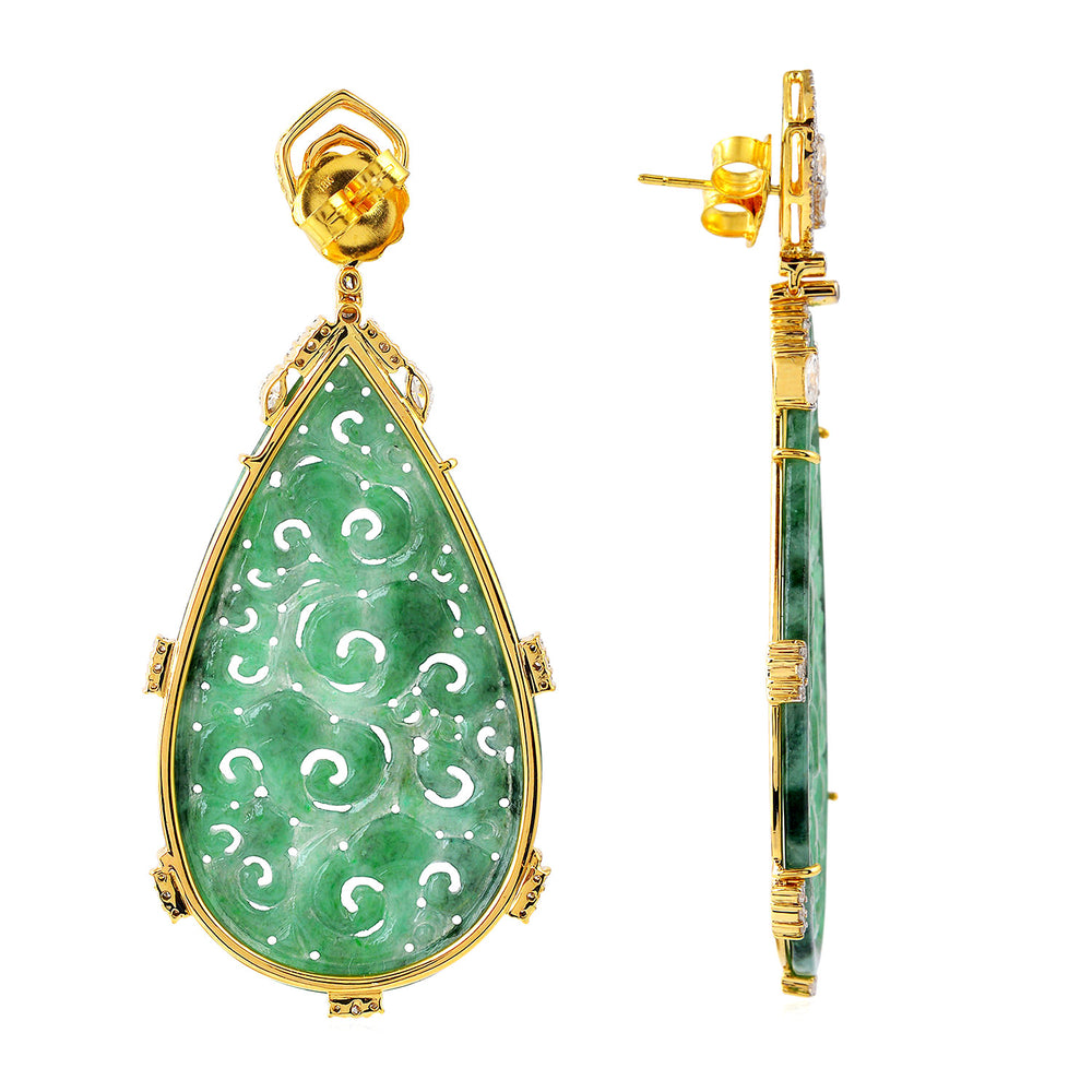 Filigree Designer Jade Diamond Tear Drop Danglers in 18k Gold For Her