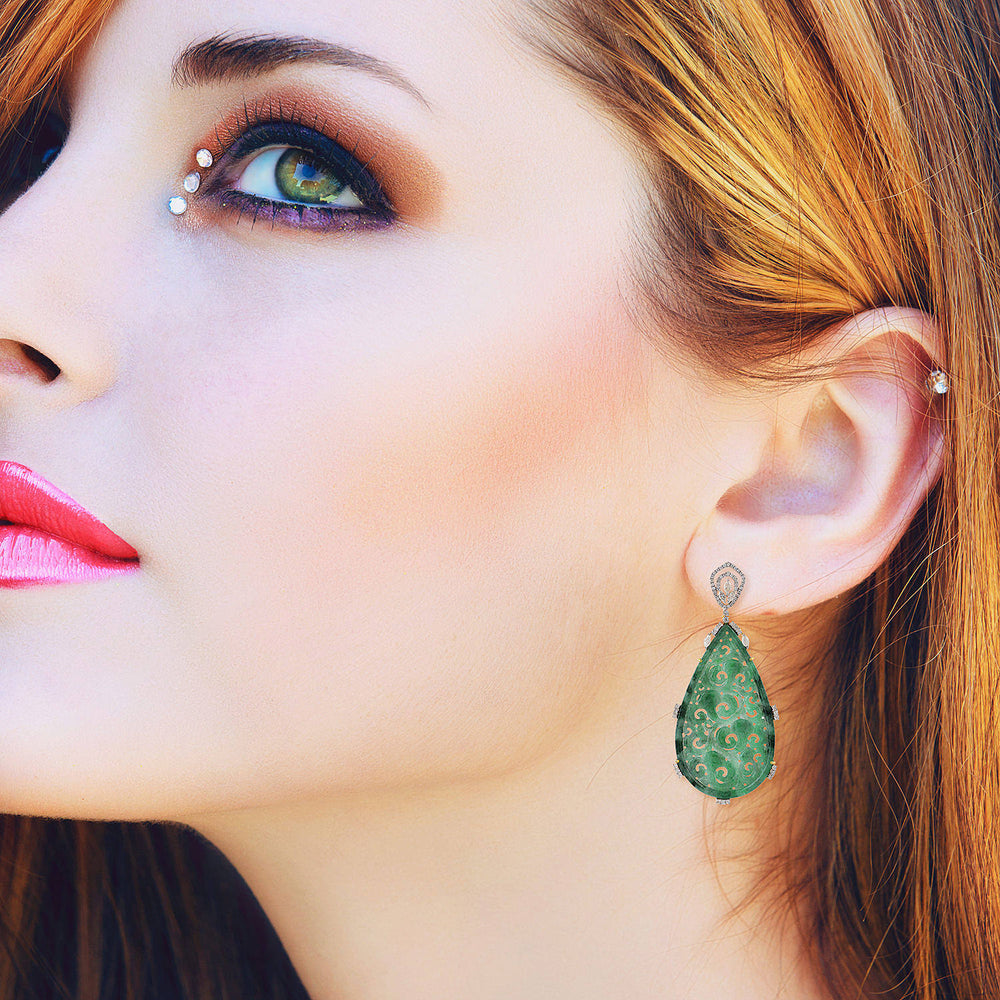 Filigree Designer Jade Diamond Tear Drop Danglers in 18k Gold For Her