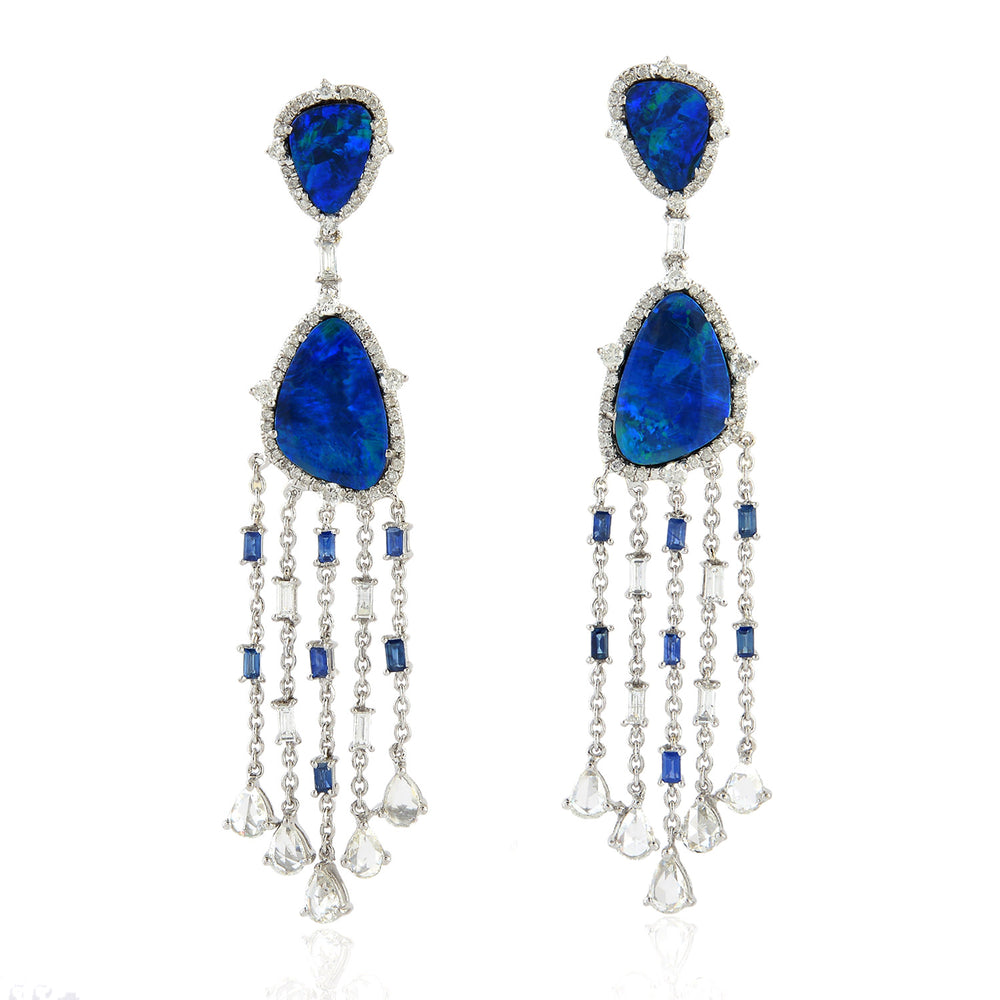 Opal Doublet Sapphire Diamond  Chandelier Earrings In 18k Gold