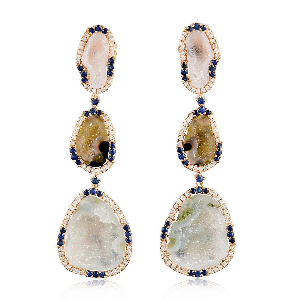 18k Gold Multicolor Geode Sapphire Diamond Drop Danglers