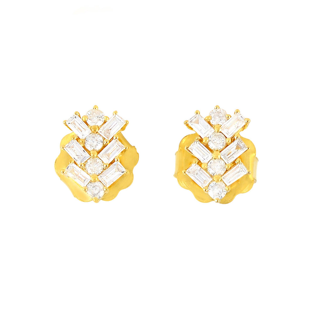 18k Yellow Gold Baguette Diamond Designer Stud Earrings Jewelry