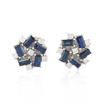 Baguette Sapphire Pave Diamond Floral Design Stud Earrings