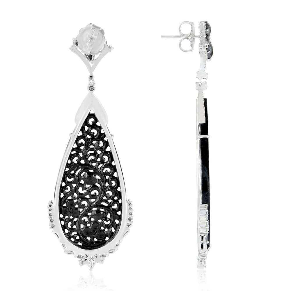 Carved Jade Diamond Filigree Drop Dangler In 18k White Gold