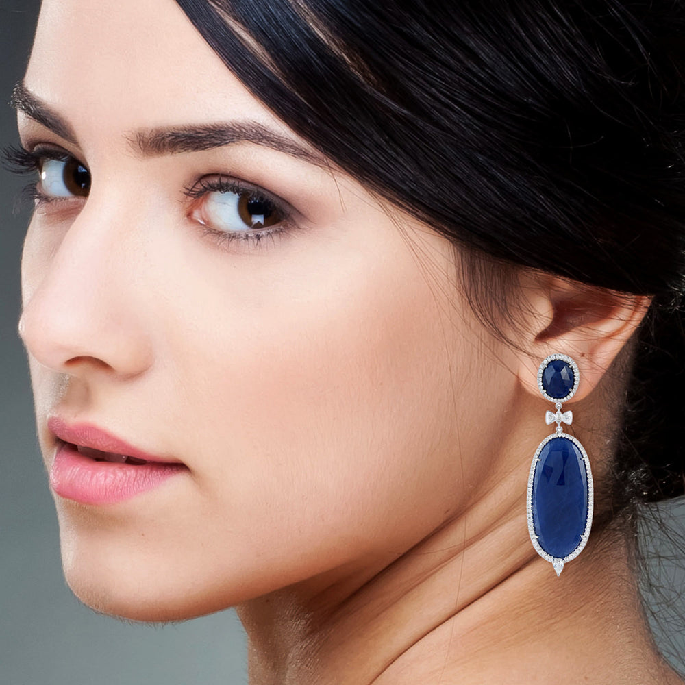 Oval Sapphire Diamond Designer Danglers In 18k Gold