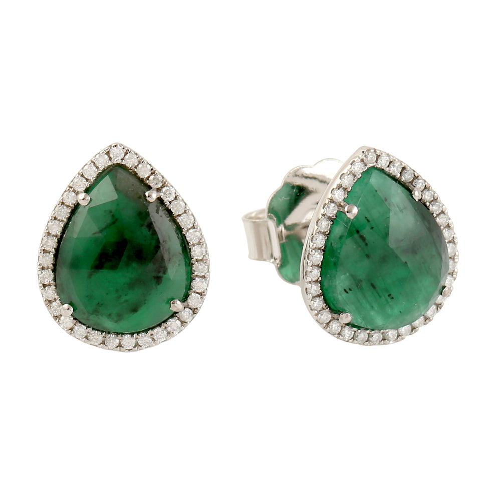 Emerald & Pave Diamond Pear Shape Stud Earrings In 18k White Gold