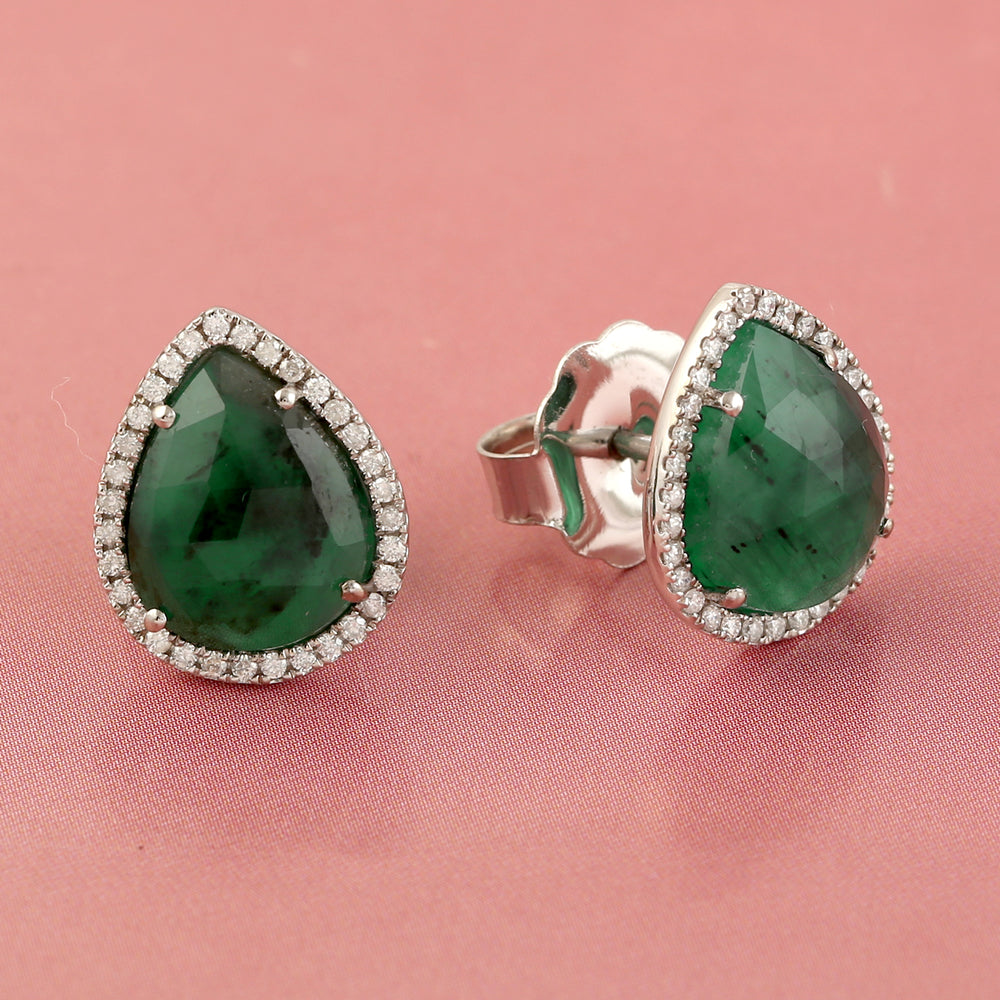 Emerald & Pave Diamond Pear Shape Stud Earrings In 18k White Gold