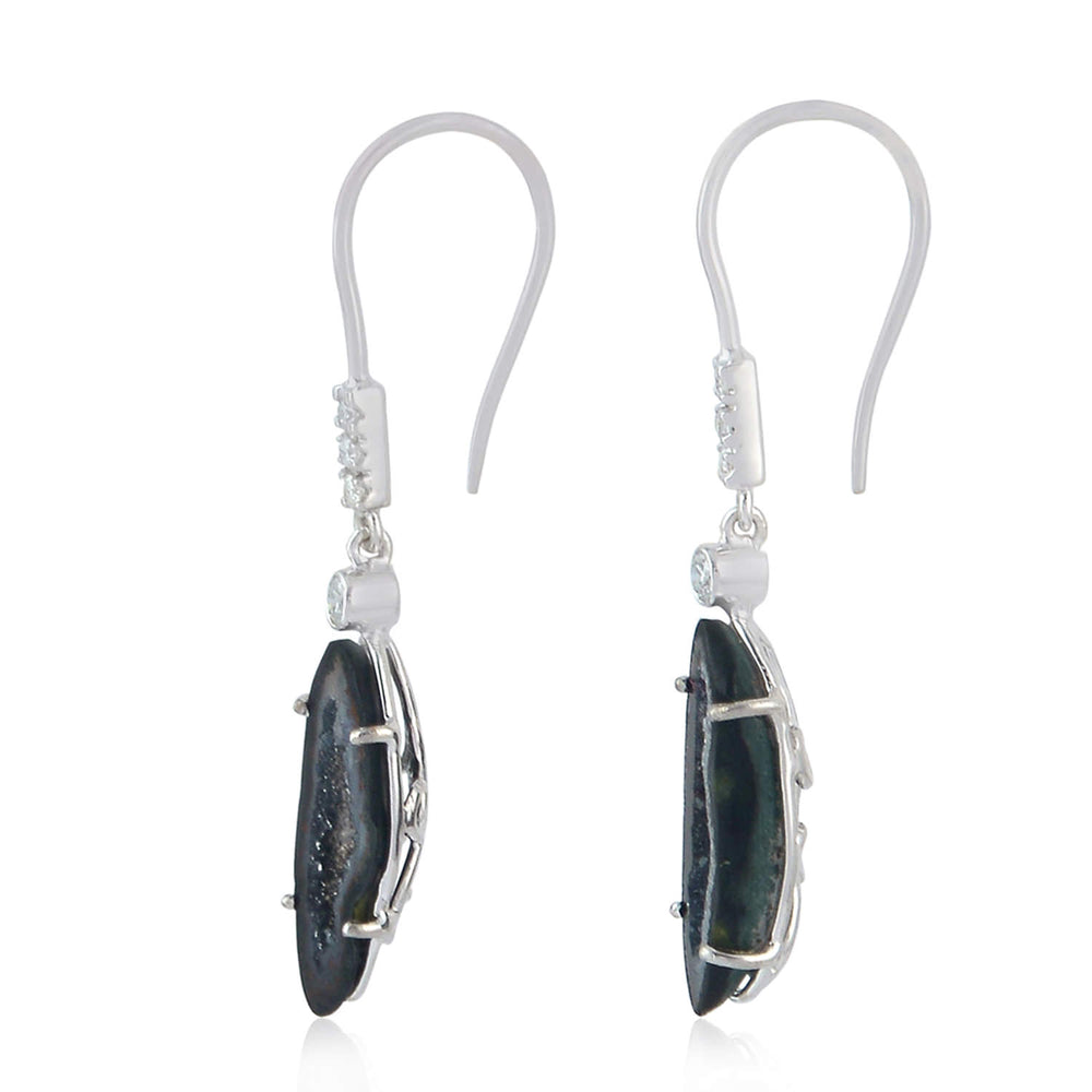 Unshaped Geode Gemstone Pave Diamond 18k White Gold Hook Dangle Earrings