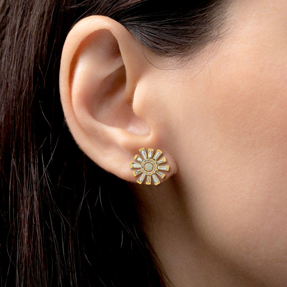 Multiple Baguette Gemstone Floral Design Stud Earrings In 18k Yellow Gold