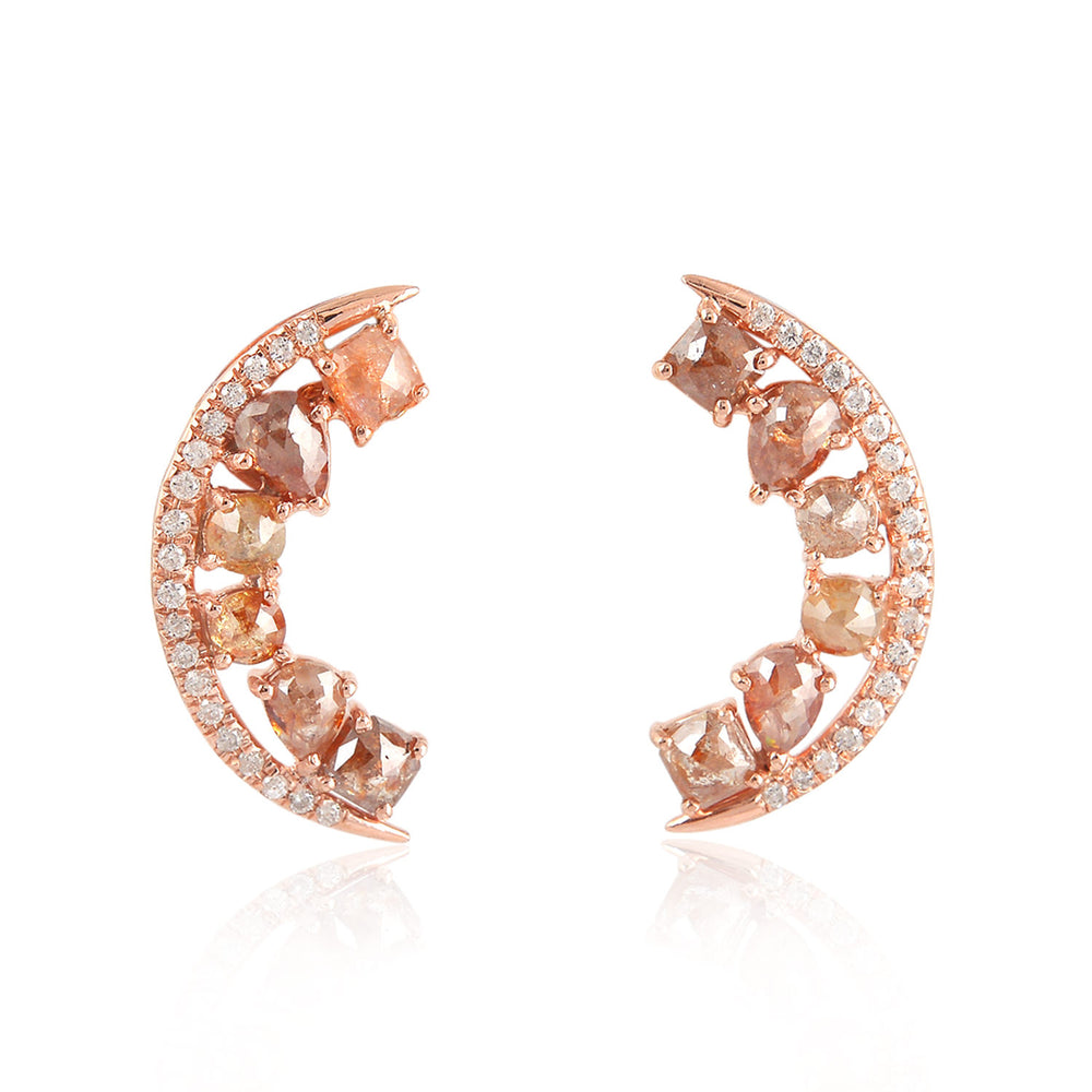 Ice Diamond Designer Crescent Moon Stud Earrings In 18K Rose Gold Gift