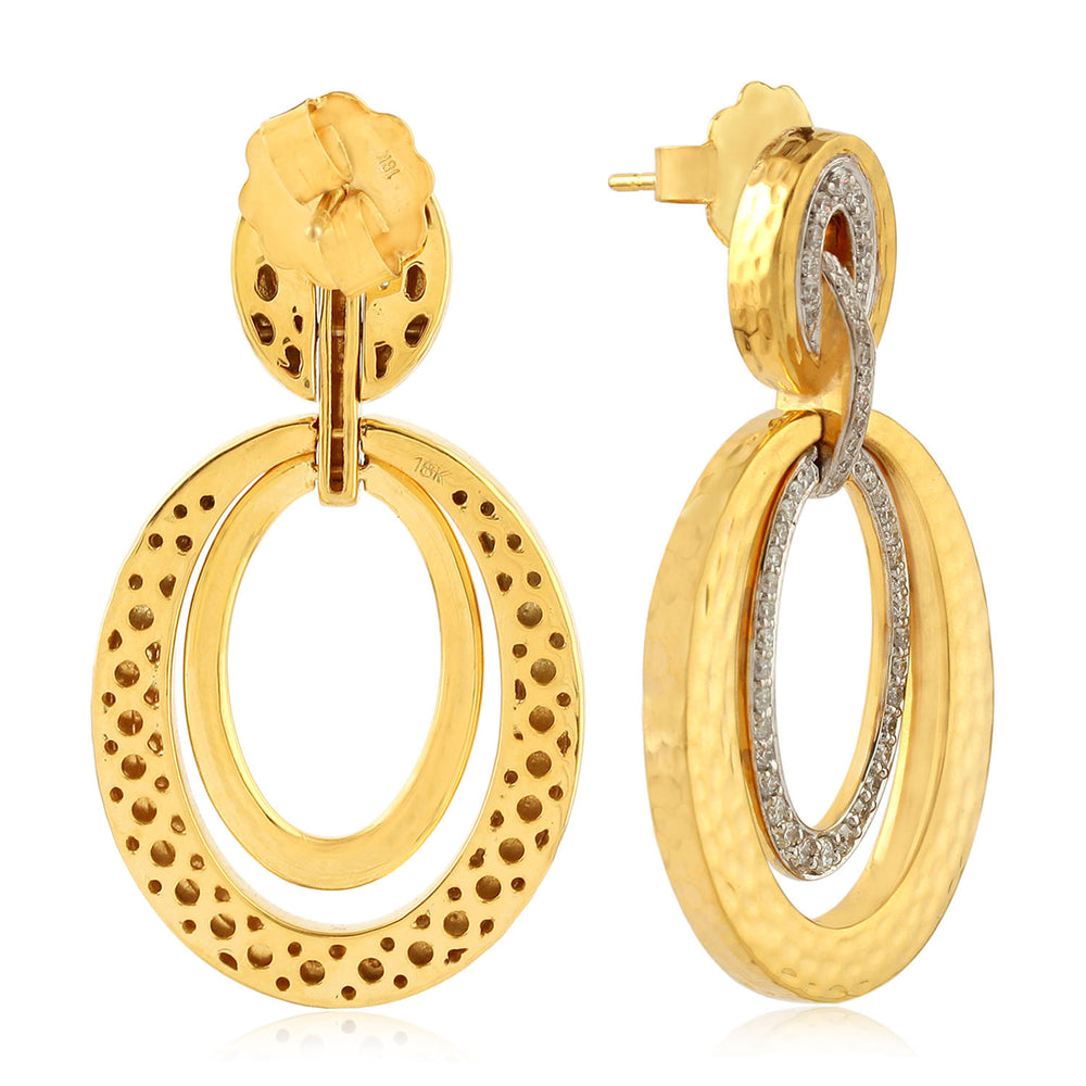 Hammered 18Kt Yellow Gold Pave Diamond Dangle Earrings Victorian Gift