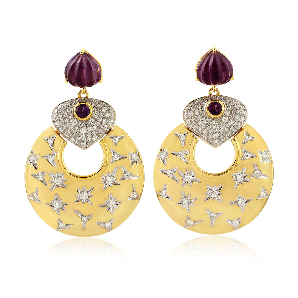 Amethyst Gemstone Pave Diamond Designer Danglers In Yellow And White Gold
