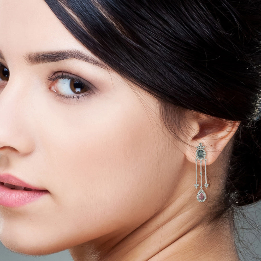 Solid 18K White Gold Rose Cut Diamond Chandelier Earrings Fashion Jewelry