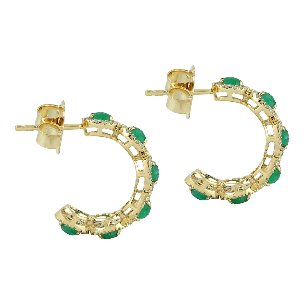 Natural Emerald Pave Diamond Half Huggie Earrings In 14k Gold