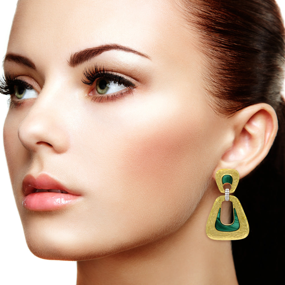 Natural Malachite Dangle Earrings 18k Yellow Gold Diamond Jewelry