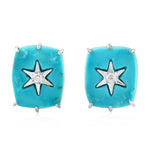 Natural Turquoise Diamond Stud Earrings 18K White Gold Gemstone Jewelry Gift