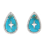 Natural Turquoise Pear Shape Stud Earrings 18K White Gold Diamond Jewelry