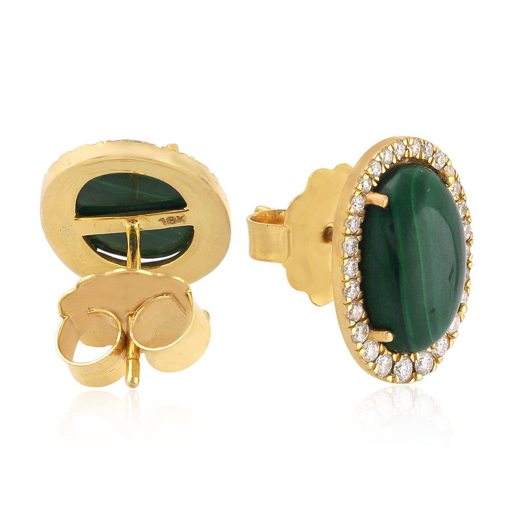 Natural Diamond Malachite Gemstone Stud Earrings 18K Yellow Gold Jewelry Gift