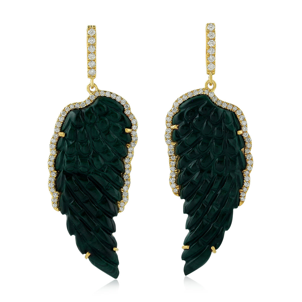 18K Yellow Gold Diamond Handcarved Malachite Angel Wings Dangle Earrings Jewelry