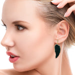 18K Yellow Gold Diamond Handcarved Malachite Angel Wings Dangle Earrings Jewelry