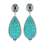 Natural Sapphire Handcarved Turquoise Drop Dangle Earrings 18K White Gold Jewelry