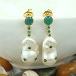 Pearl Chinese Emerald Handmade Designer Danglers In 18k Gold