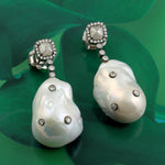 Pave Diamond Tumble Pearl Chinese Drop Beads Dangle Earrings In 18k Gold Fashion Jewelry