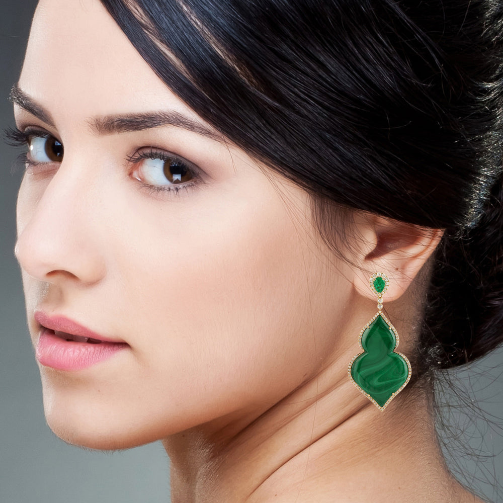 Natural pave Diamond & Emerald Leaf Design Malachite Dangle Earrings in 18k Yellow Gold