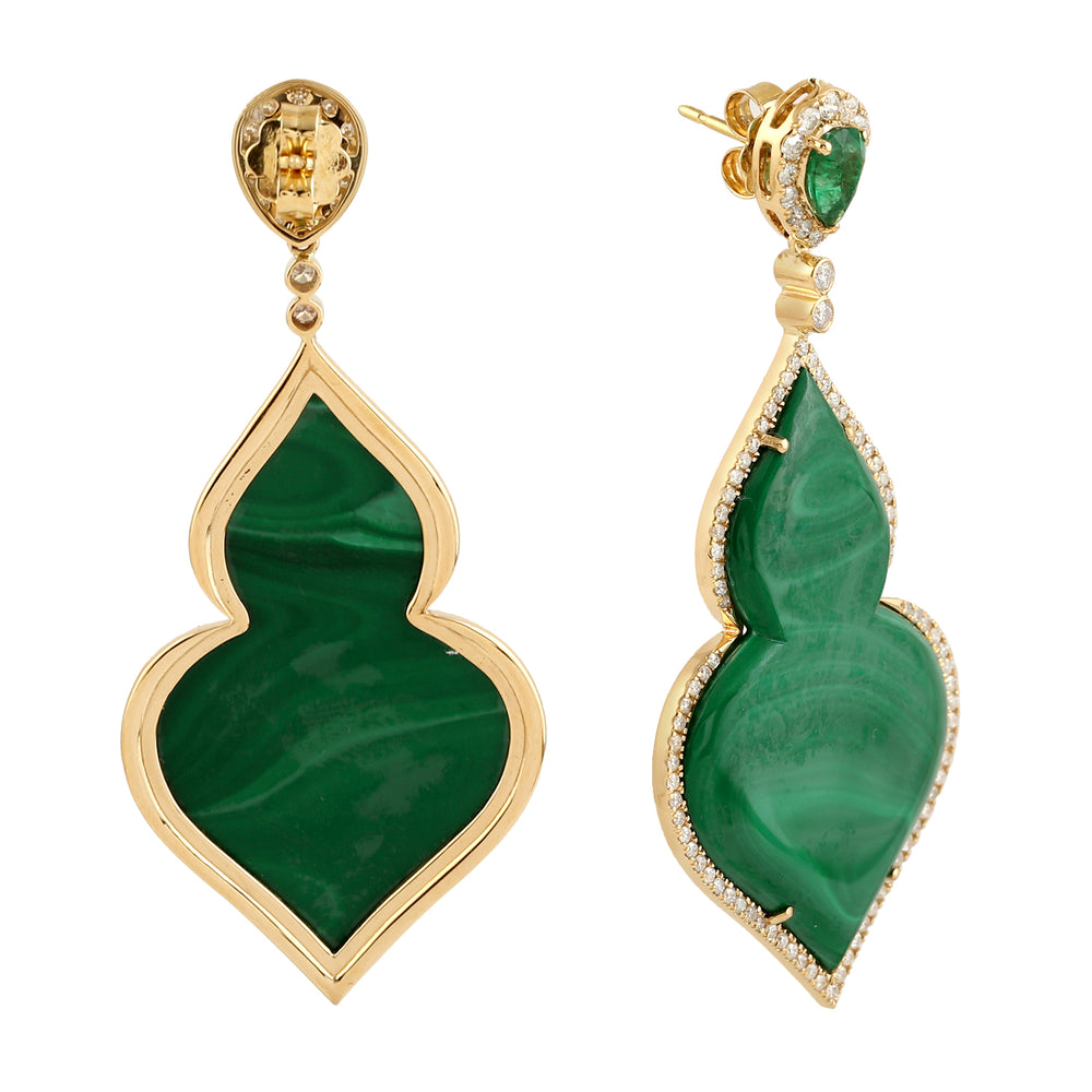 Natural pave Diamond & Emerald Leaf Design Malachite Dangle Earrings in 18k Yellow Gold