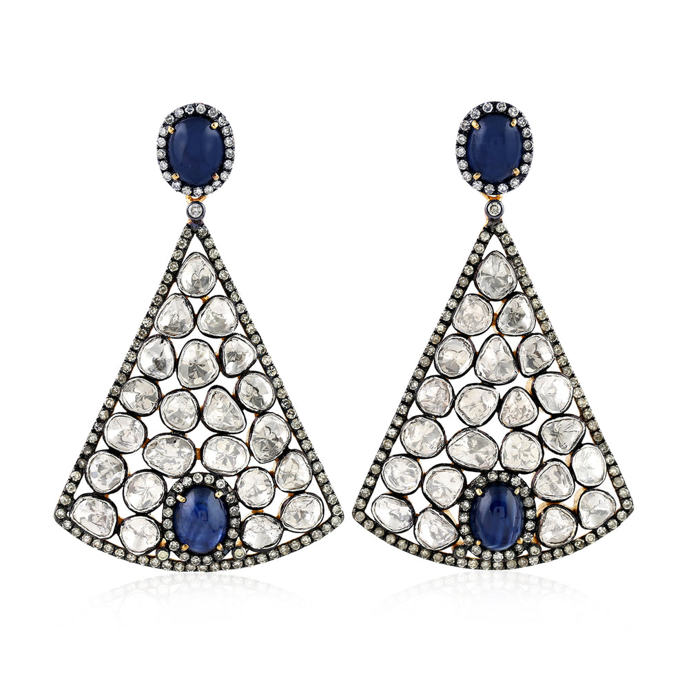 Rose Cut Diamond Blue Sapphire Sterling Silver Gold Dangle Earrings