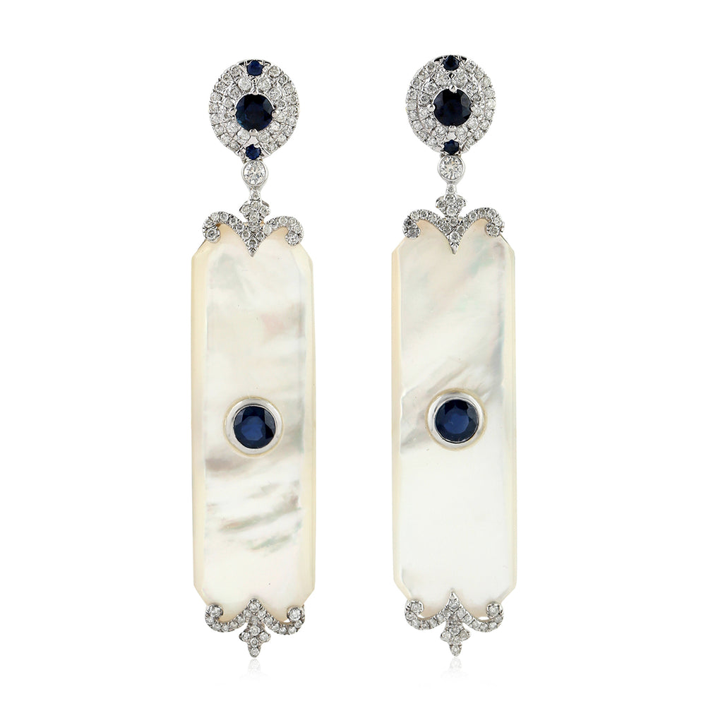 MOP Sapphire Diamond Statement Danglers In 18k White Gold