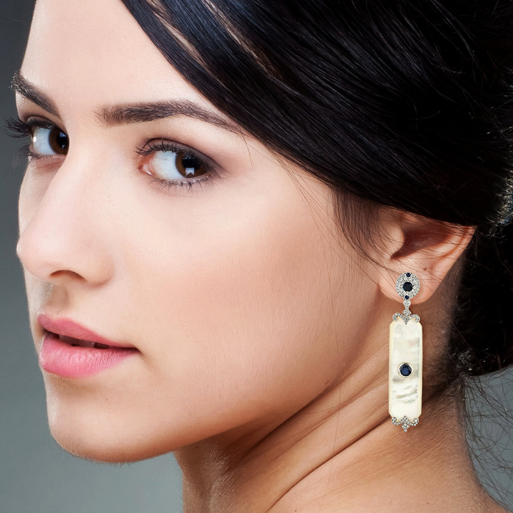 MOP Sapphire Diamond Statement Danglers In 18k White Gold