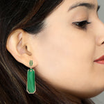 Pave Emerald & Diamond Natural Malachite Gemstone Long Drop Dangle Earrings In 18k Yellow Gold