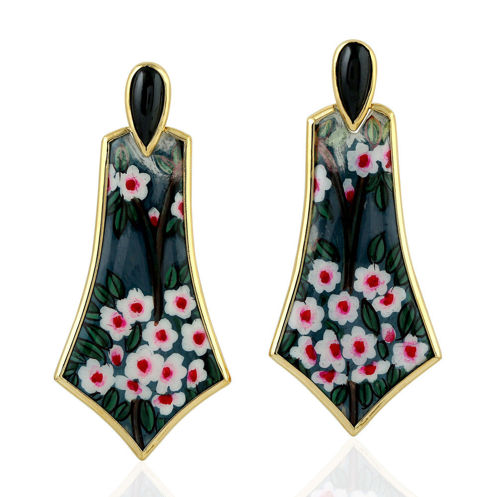 Flower Drop/Dangle Earrings Bezel Set Spinel Gemstone Enamel 18k Yellow Gold