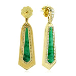 Natural Green Jade Gemstone Real Diamond Dangle Earrings 18K Yellow Gold Jewelry